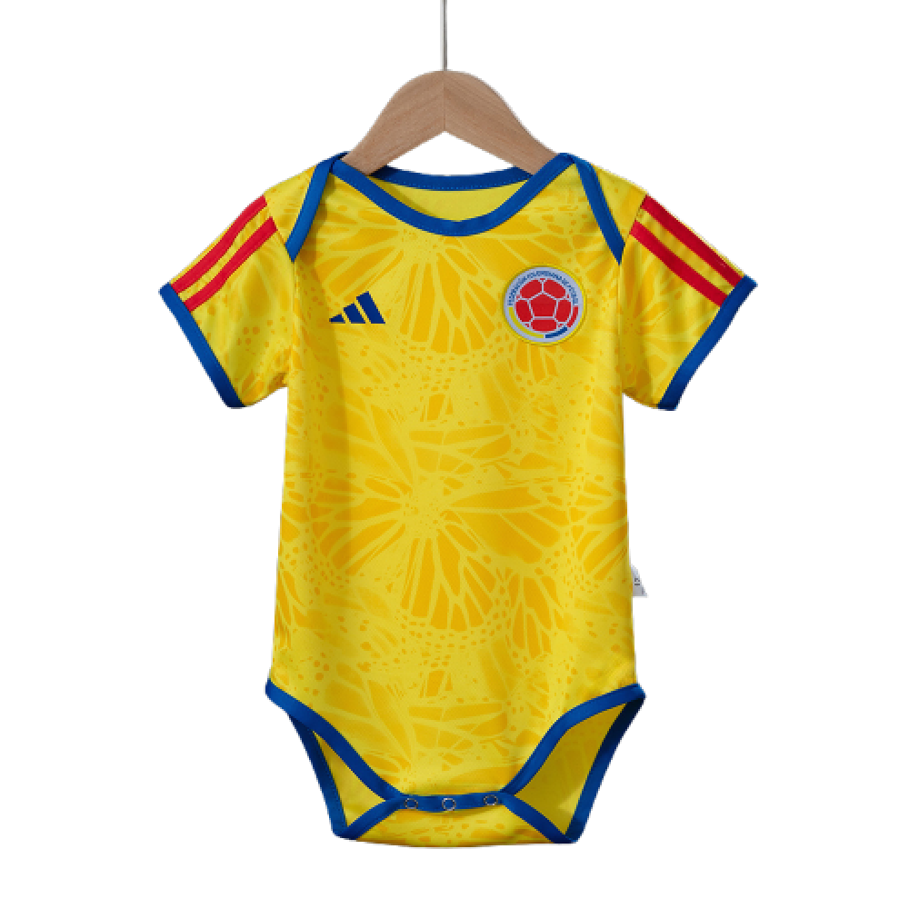 Baby Colombia World Cup Home Jersey 2026 Baby Colombia World Cup Home Jersey 2026 yellow infant bodysuit front view on hanger