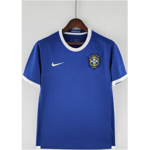 Mens World Cup Brazil Retro Away Jersey 2006 on hanger showing royal blue body with white collar and cuffs