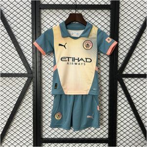 Kids Manchester City Fourth Kit 2024/25 display showing slate teal and pale yellow shirt with matching athletic shorts