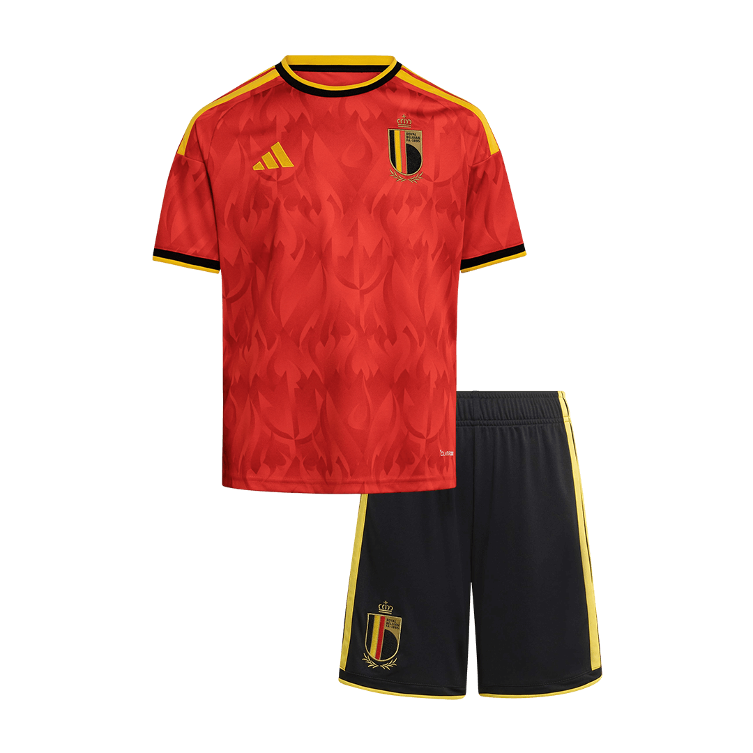 Kids Belgium World Cup Home Kit 2026 Kids Belgium 2026 red home shirt with flame print and crest front view