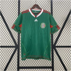 Mens World Cup Mexico Retro Home Jersey 2010 on mannequin showing emerald green base and red trim