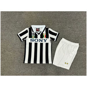 Kids Juventus Retro Home Kit 1995/96 laid flat showing striped jersey and matching white shorts
