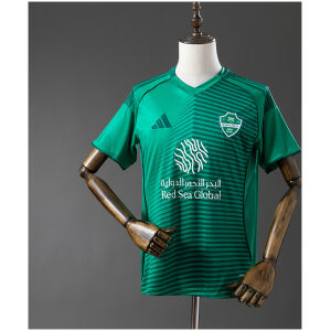 Mens Al Ahli Home Jersey 2025/26 on mannequin showing emerald green body with pinstripes and Red Sea Global