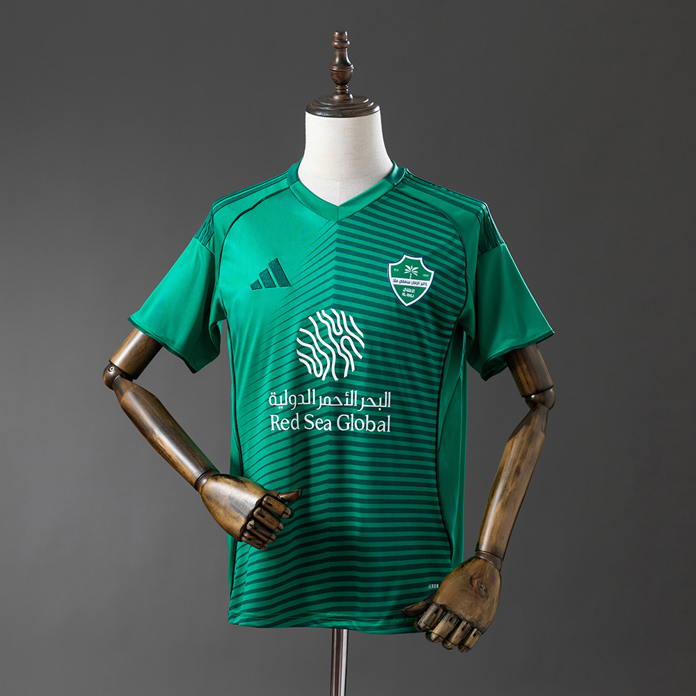 Mens Al Ahli Home Jersey 2025/26 Mens Al Ahli Home Jersey 2025/26 on mannequin showing emerald green body with pinstripes and Red Sea Global