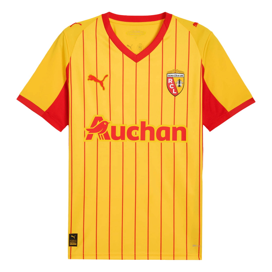 Mens RC Lens Home Jersey 2025/26 Yellow and red RC Lens home shirt with pinstripes and V-neck front view