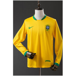 Mens World Cup Brazil Retro Long Sleeve Home Jersey 2006 front view on mannequin showing yellow long-sleeve body