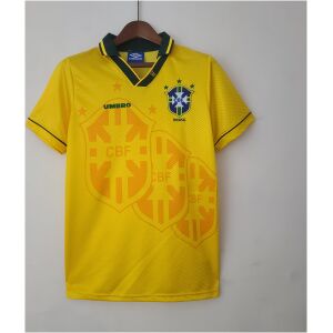 Mens Brazil yellow Retro Home Jersey 1993 on hanger showing watermarked crests and green polo collar