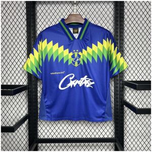 Mens Brazil Corteiz Retro Away Jersey 1995 on hanger showing blue body with lime green saw-tooth chevron graphics