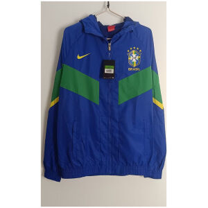 Mens Brazil Blue Windbreaker 2025 on hanger showing royal blue shell with green and yellow chevron panels