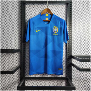 Mens World Cup Brazil Retro Away Jersey 2018 on hanger showing blue body with geometric star watermark pattern