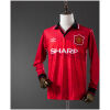 Mens Manchester United Retro Long Sleeve Home Jersey 1994/96 on mannequin showing red body with Old Trafford blueprint