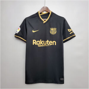 Mens Barcelona Retro Away Jersey 2020/21 Black Barcelona retro away jersey with gold V-neck trim and Rakuten sponsor front view