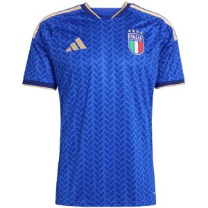 Royal blue Italy home jersey with tonal leaf print and FIGC crest front view