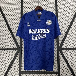 Mens Leicester City Retro Home Jersey 1992/94 on hanger showing royal blue body with jacquard waves and WALKERS CRISPS sponsor