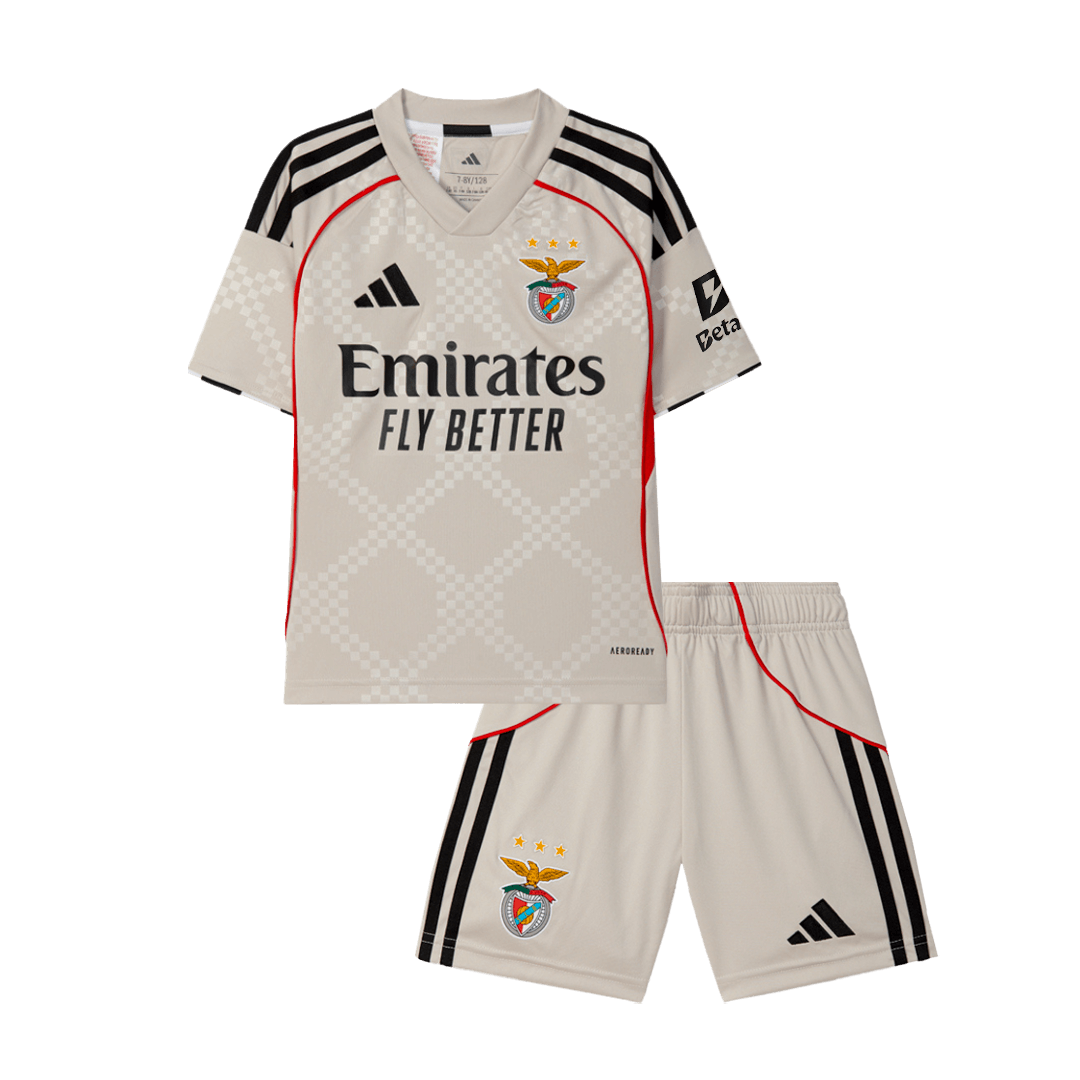 Kids Benfica Away Kit 2025/26 Kids Benfica Away Kit 2025/26 front view in beige with red accent piping