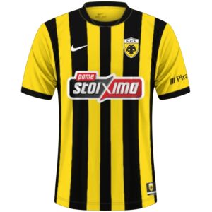 Yellow and black striped AEK Athens jersey with black collar, front view