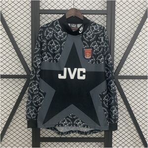 Mens Arsenal Retro Long Sleeve Goalkeeper Jersey 1994/95 on hanger showing black and grey mandala starburst graphic with JVC sponsor