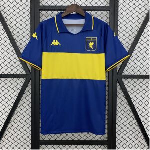 Mens Genoa Blue Special Edition Jersey 2025/26 on hanger showing royal blue body with yellow horizontal band