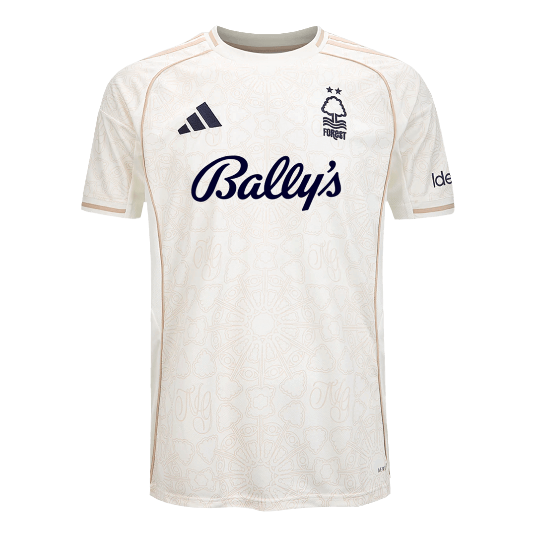 Mens Nottingham Forest Away Jersey 2025/26 Nottingham Forest away shirt cream floral jacquard with navy crest front view