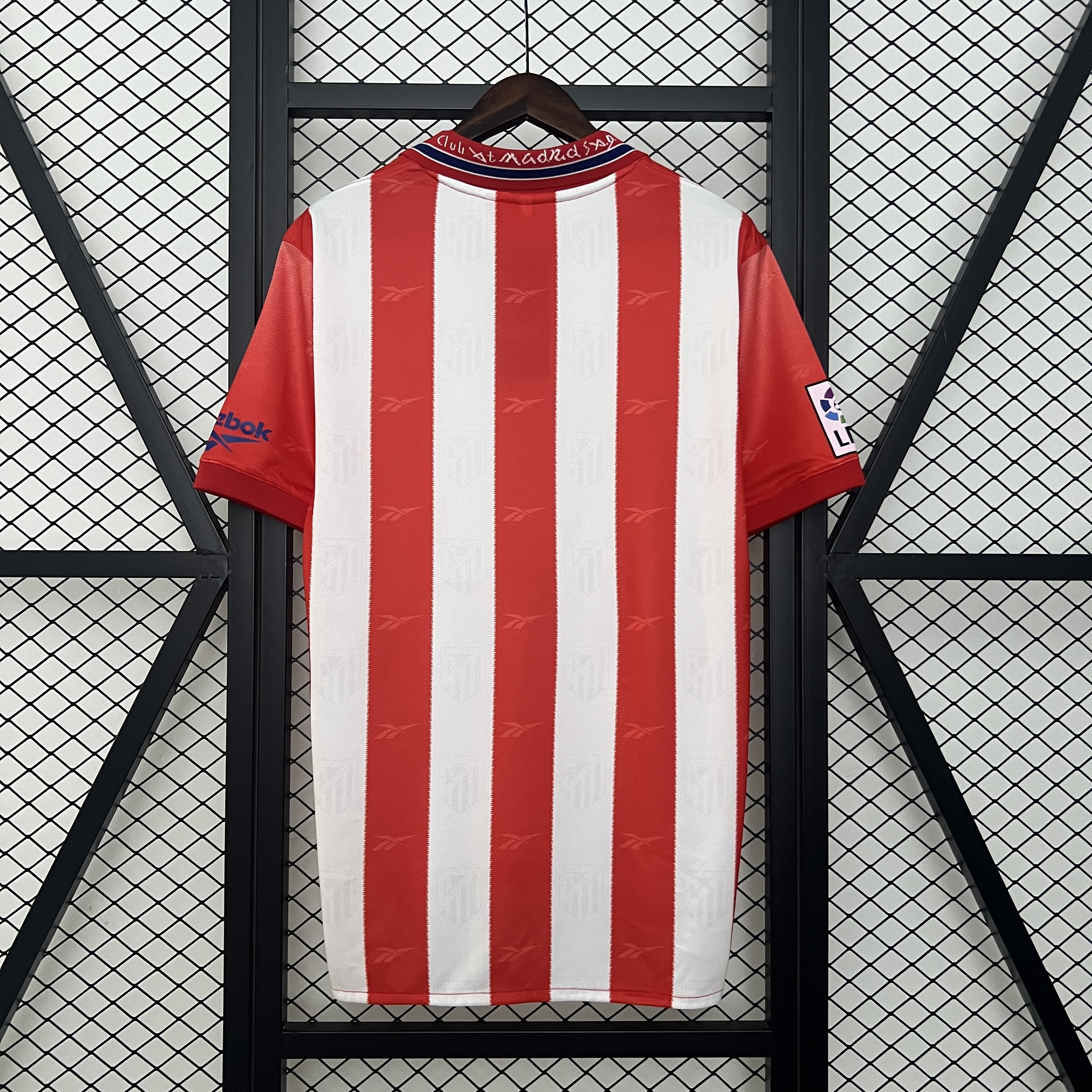 Mens Atletico Madrid Retro Home Jersey 1998/99 Mens Atletico Madrid Retro Home Jersey 1998/99 front view on display