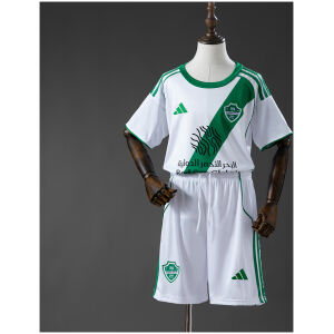 Kids Al/Ahli Saudi Away Kit 2025/26 on mannequin showing white jersey with green diagonal sash and shorts