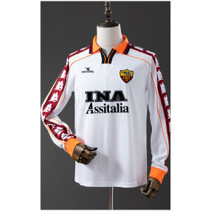 Mens Roma Retro Long Sleeve Away Jersey 1998/99 on mannequin showing white body and Lupetto taped sleeves