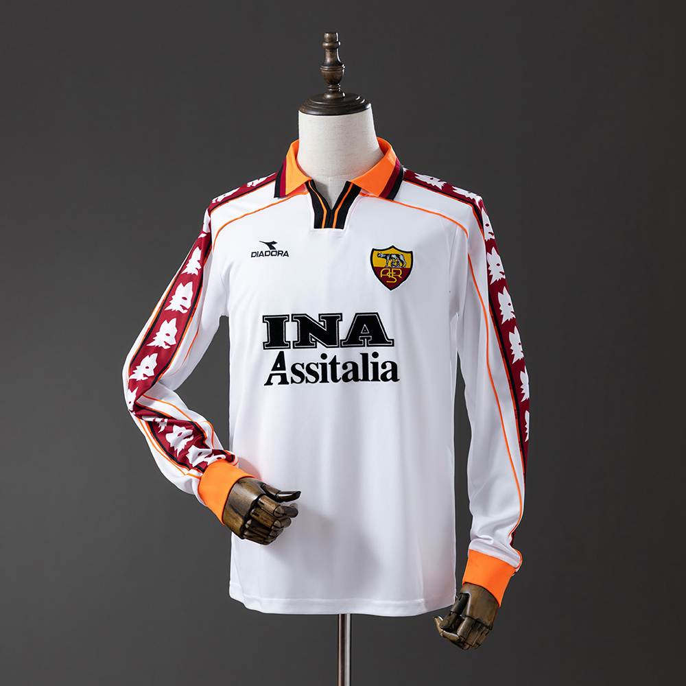 Mens Roma Retro Long Sleeve Away Jersey 1998/99 Mens Roma Retro Long Sleeve Away Jersey 1998/99 on mannequin showing white body and Lupetto taped sleeves