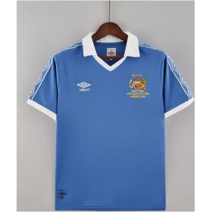 Mens Manchester City Retro Home Jersey 1981/82 on hanger showing sky blue body with centenary cup final embroidery