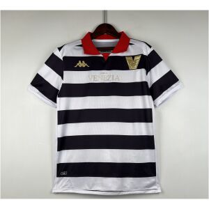 Front view of the Mens Venezia FC Third Jersey 2023/24 in black and white stripes with red polo collar and gold crest