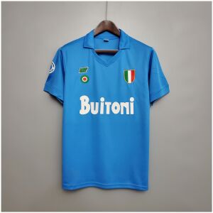 Front view of the Mens Napoli Retro Home Jersey 1987/88 in azure blue with Scudetto shield and Buitoni sponsor