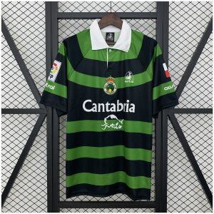 Front view of the Mens Racing Santander Retro Away Jersey 1999/00 with green and black hoops and white polo collar