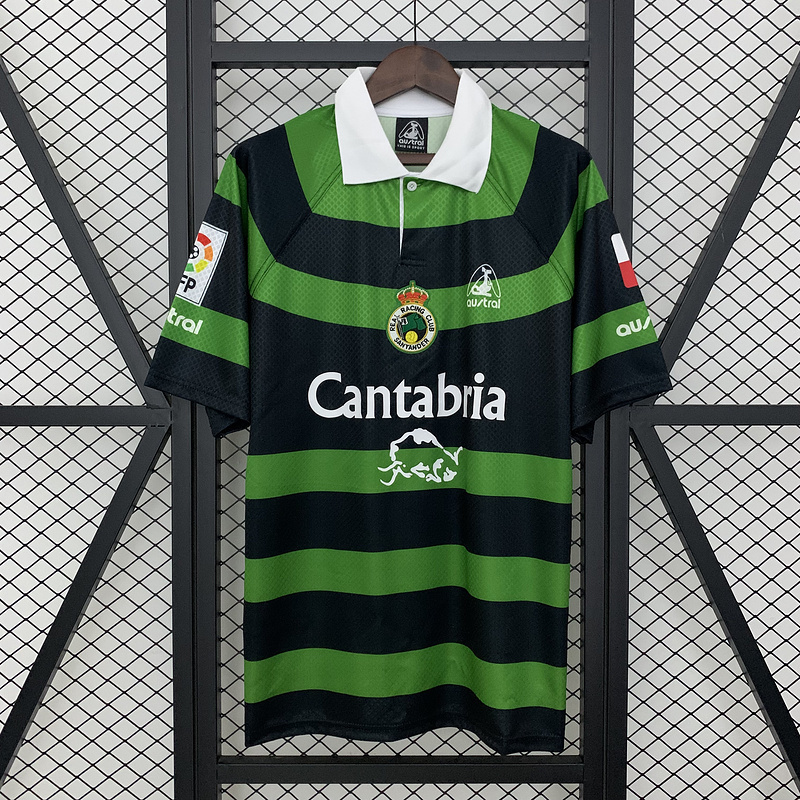 Mens Racing Santander Retro Away Jersey 1999/00 Front view of the Mens Racing Santander Retro Away Jersey 1999/00 with green and black hoops and white polo collar