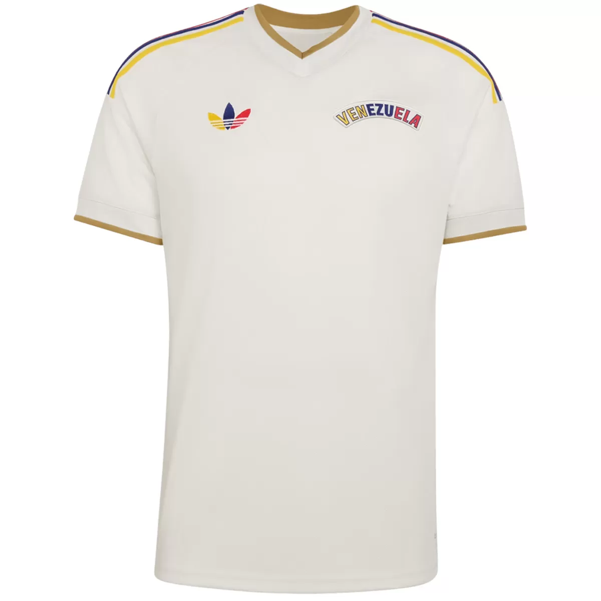 Mens Venezuela Away Jersey 2026 Front view of the Mens Venezuela Away Jersey 2026 in ivory white with tricolor shoulder stripes and arched crest