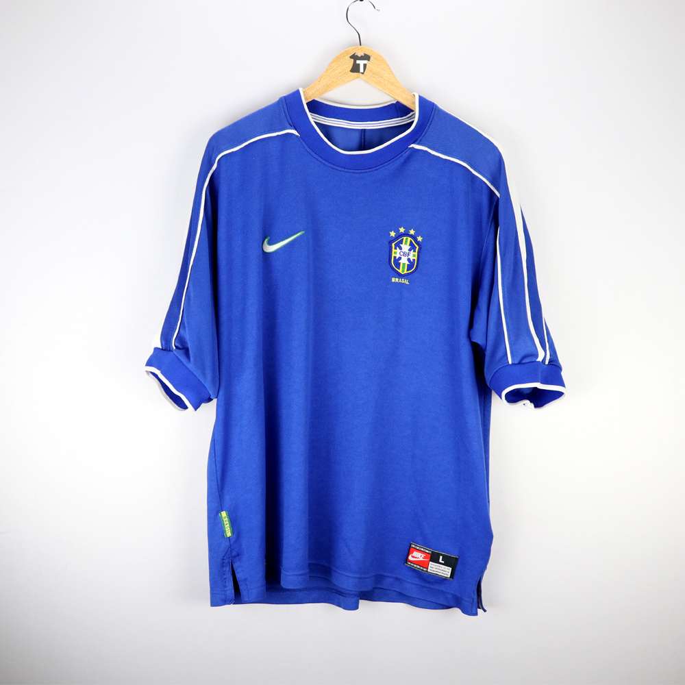 Mens Brazil World Cup Blue Retro Away Jersey 1998 Mens Brazil World Cup Blue Retro Away Jersey 1998 showing cobalt blue body with white shoulder piping