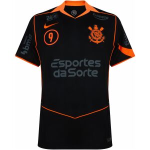 Mens Corinthians with Sponsor Logos Third Jersey 2025/26 Front view of the Mens Corinthians with Sponsor Logos Third Jersey 2025/26 in black with neon orange trim and sponsor branding