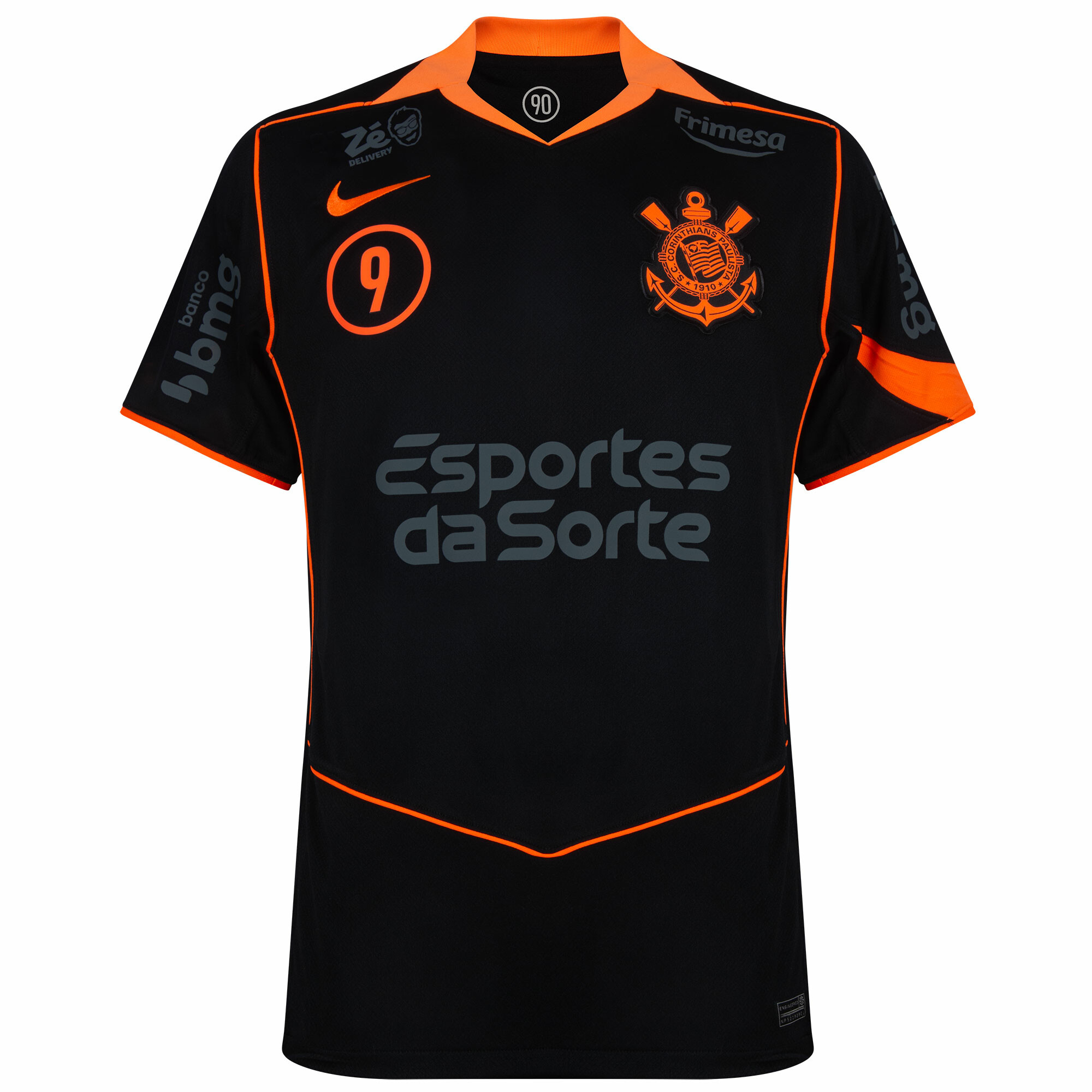Mens Corinthians with Sponsor Logos Third Jersey 2025/26 Front view of the Mens Corinthians with Sponsor Logos Third Jersey 2025/26 in black with neon orange trim and sponsor branding