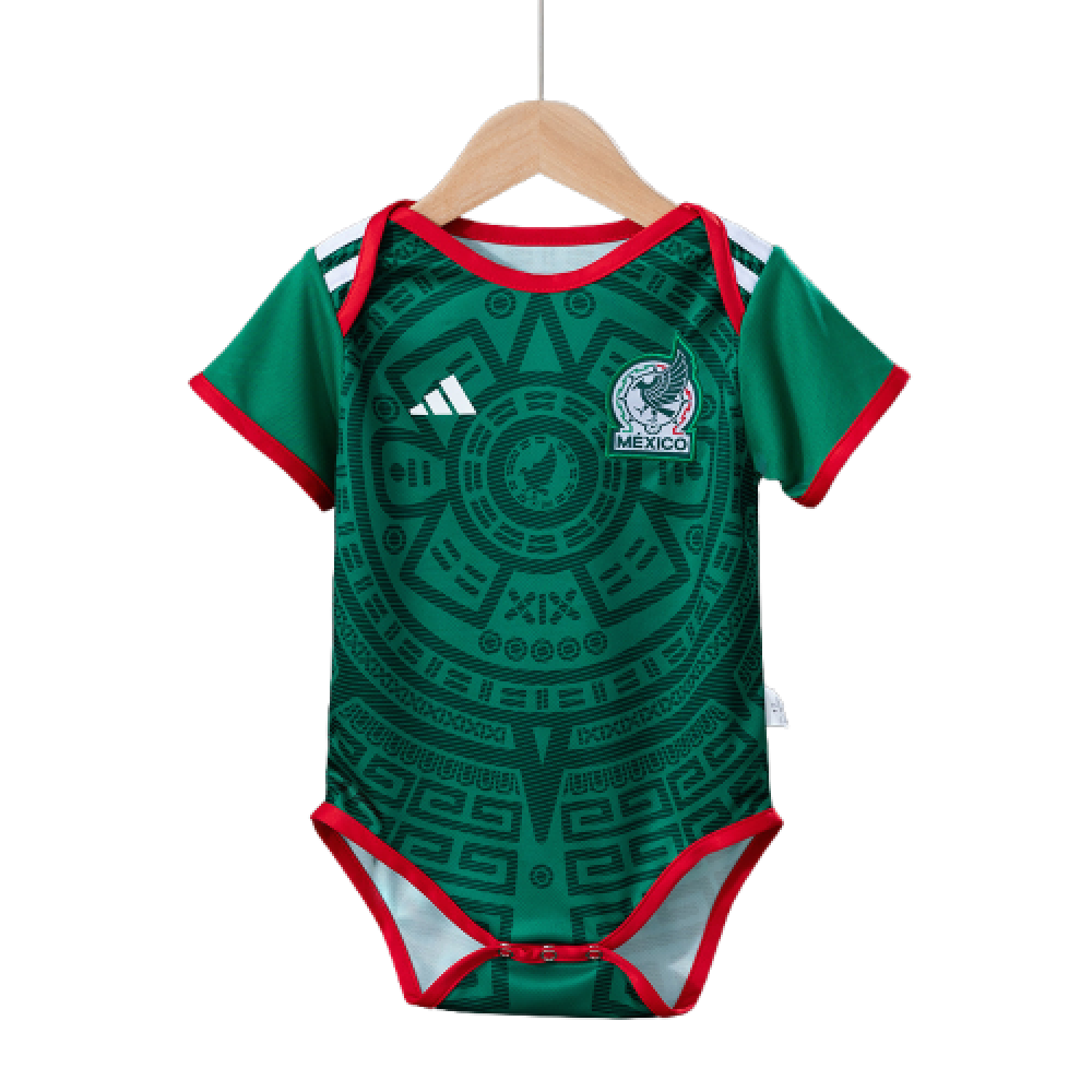 Baby Mexico World Cup Home Jersey 2026 Baby Mexico World Cup Home Jersey 2026 green infant bodysuit front view on hanger