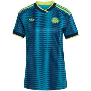 Womens World Cup Colombian Away Jersey 2026 front view in turquoise with feather pattern and FCF crest