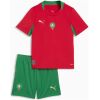 Kids Morocco World Cup Home Kit 2026 front view red jersey and green shorts set with team crest