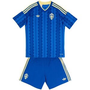Front view of Kids World Cup Sweden Away Kit 2026 shirt and shorts set in royal blue with yellow accents