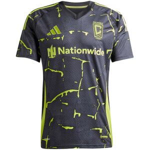 Front view of the Mens Columbus Crew Away Jersey 2025/26 displaying charcoal fabric with neon volt yellow drip graphics and Nationwide sponsor.