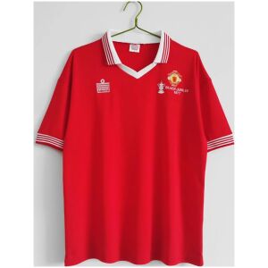 Mens Manchester United Retro Home Jersey 1977/78 front view in red with white winged collar and Silver Jubilee crest