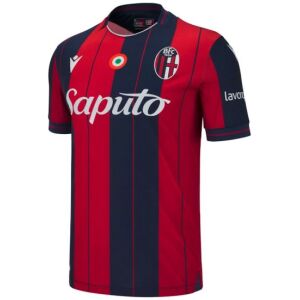 Mens Bologna FC Home Jersey 2025/26 front view in Rossoblù red and navy stripes with Saputo sponsor