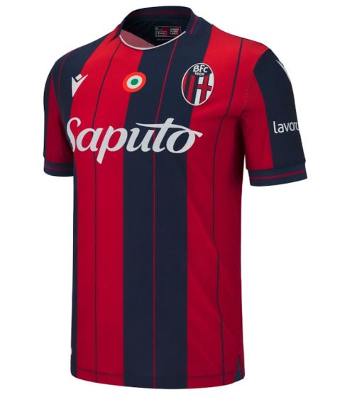 Mens Bologna FC Home Jersey 2025/26 Mens Bologna FC Home Jersey 2025/26 front view in Rossoblù red and navy stripes with Saputo sponsor