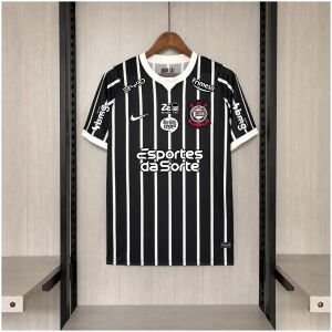 Mens Corinthians Full Sponsors logo Away Jersey 2026/27 Mens Corinthians Full Sponsors logo Away Jersey 2026/27 front view in black with white pinstripes and full sponsor branding