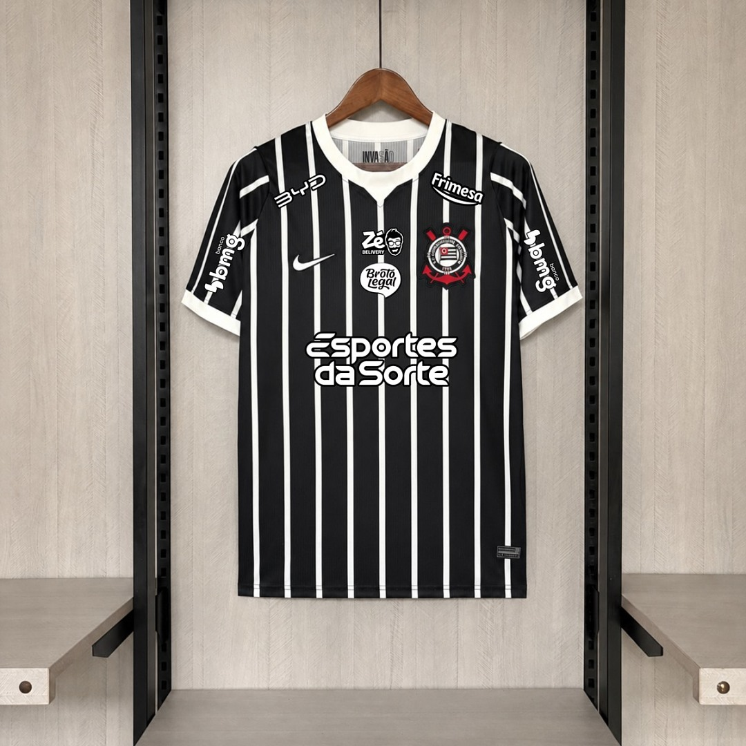 Mens Corinthians Full Sponsors logo Away Jersey 2026/27 Mens Corinthians Full Sponsors logo Away Jersey 2026/27 front view in black with white pinstripes and full sponsor branding