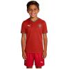Kids Portugal Home Kit 2026 front view showing young model in crimson red jersey and matching shorts