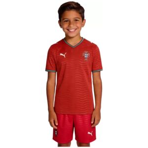 Kids Portugal Home Kit 2026 front view showing young model in crimson red jersey and matching shorts