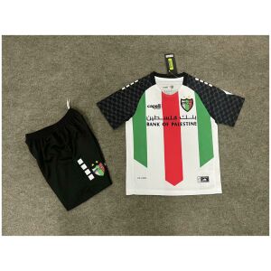 Kids Palestino Home Kit 2025/26 front view with tricolor jersey, keffiyeh sleeves, and black shorts