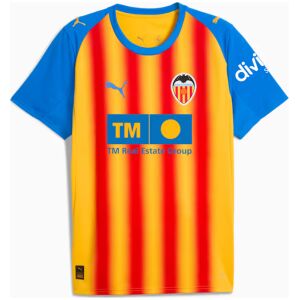 Mens Valencia CF Third Jersey 2025/26 front view in yellow and red Senyera stripes with blue sleeves